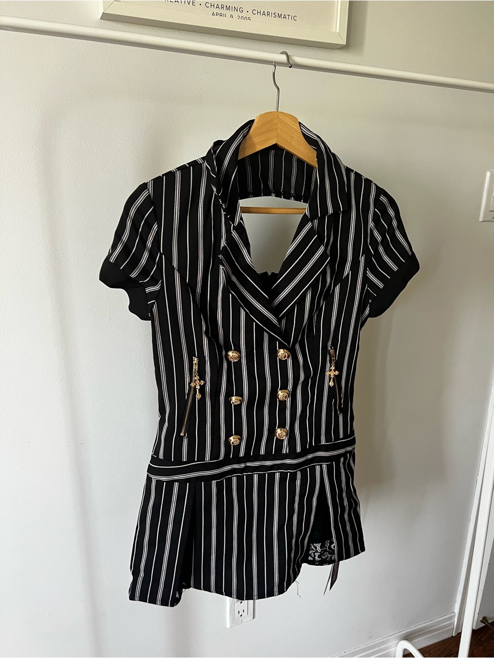 ROMWE Black and White Striped Double-Breasted Short Sleeve Dress